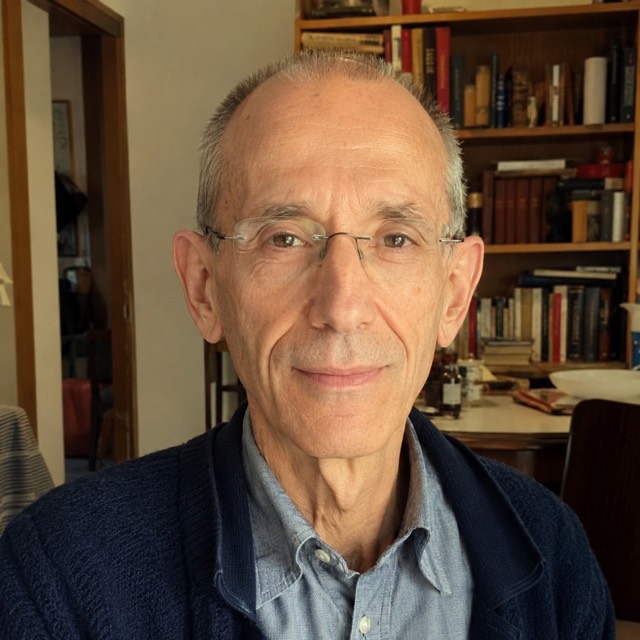 Ritratto di un uomo italiano magro e stempiato, capelli grigi, occhiali sottili, cardigan blu, davanti a una libreria
