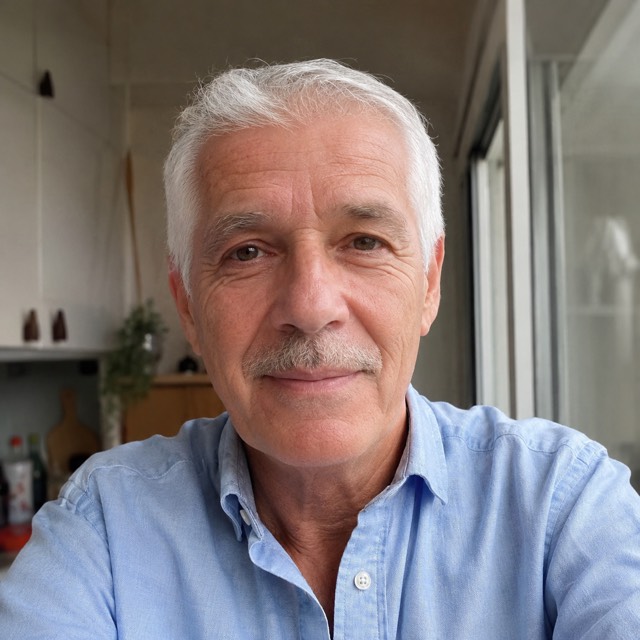 Ritratto di un uomo italiano sui sessant'anni, capelli bianchi e baffi bianchi, camicia azzurra, stanza luminosa